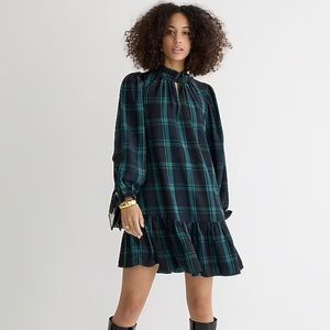 JCREW RUFFLE PUFF SLEEVE DRESS IN BLACK WATCH TARTAN SZ XL  NWT